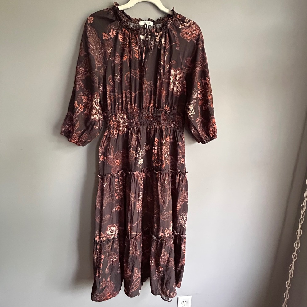 Angels Forever Young Brown Floral Paisley Smocked Tiered Midi Dress Large